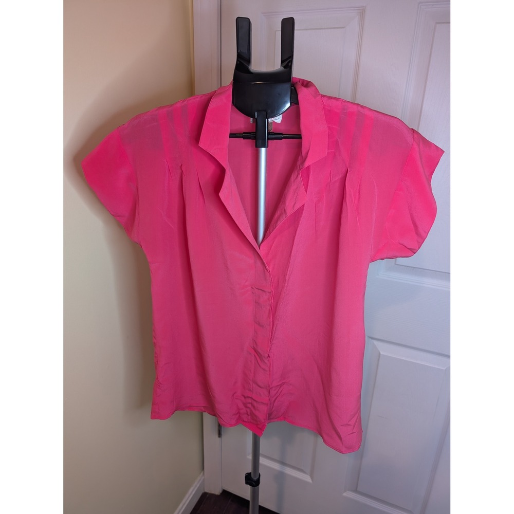 Lord & Taylor Silk Blouse Womens 12 Pink Short Sleeve‎ Notched Collar Vintage